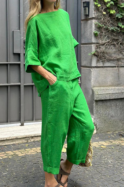 Cotton Linen Half Sleeves Pullover Top Wide Leg Tapered Pants Set