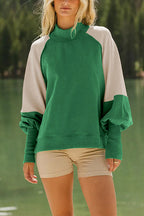 Mockneck Lantern Sleeves Color Block Sweatshirt