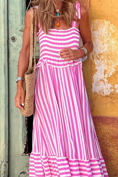 Striped Bow Knot Shoulder Smocked Ruffle Maxi Holiday Dress