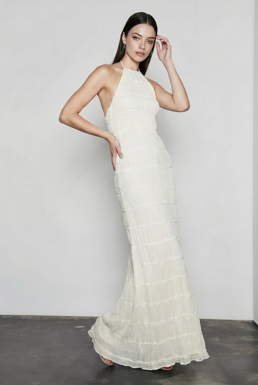 Chiffon Halter Neck Horizontal Tiered Ruched Maxi Dress