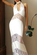 Halter Wrap V-Neck Chevron Lace Panel Satin Maxi Gown