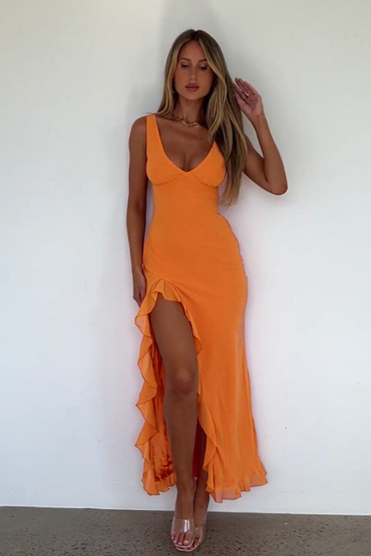 Deep V-Neck Ruched High Split Ruffle Trim Maxi Dress