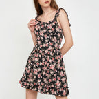 Floral Print Tie Shoulder Ruffle Hem Mini Dress
