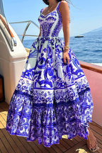 Tile Print Corset Bodice Tiered Ruffle Maxi Dress
