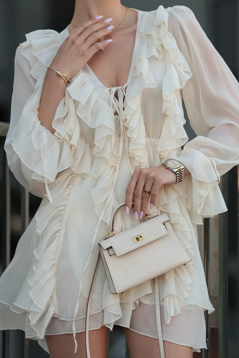 Chiffon Deep V-Neck Tie Front Long Sleeve Tiered Ruffle Mini Dress