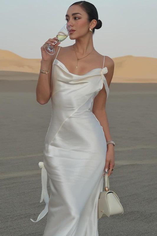 Satin Cowl Neck Rosette Applique Ribbon Tie Slip Maxi Dress