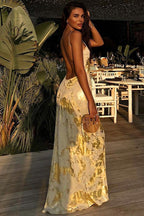Metallic Foil Print Spaghetti Strap Deep V-Neck Slip Maxi Dress