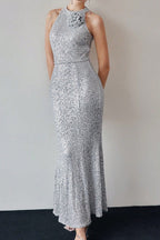 Silver Halter Sequin Mermaid Maxi Dress