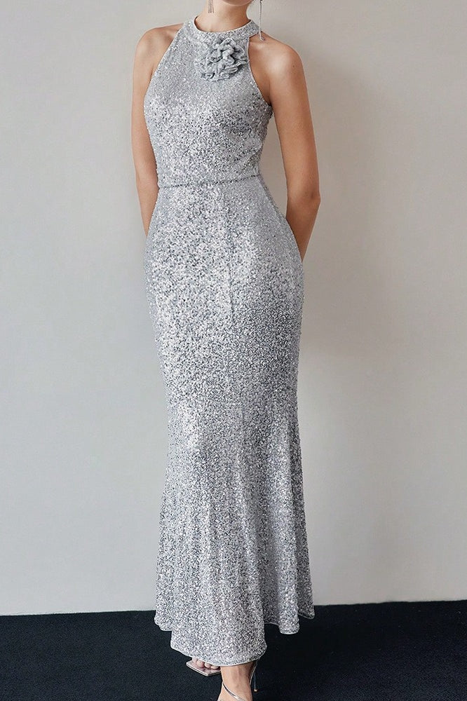 Silver Halter Sequin Mermaid Maxi Dress