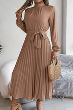 Mock Neck Lantern Sleeve Belted Pleated A-Line Midi Dress