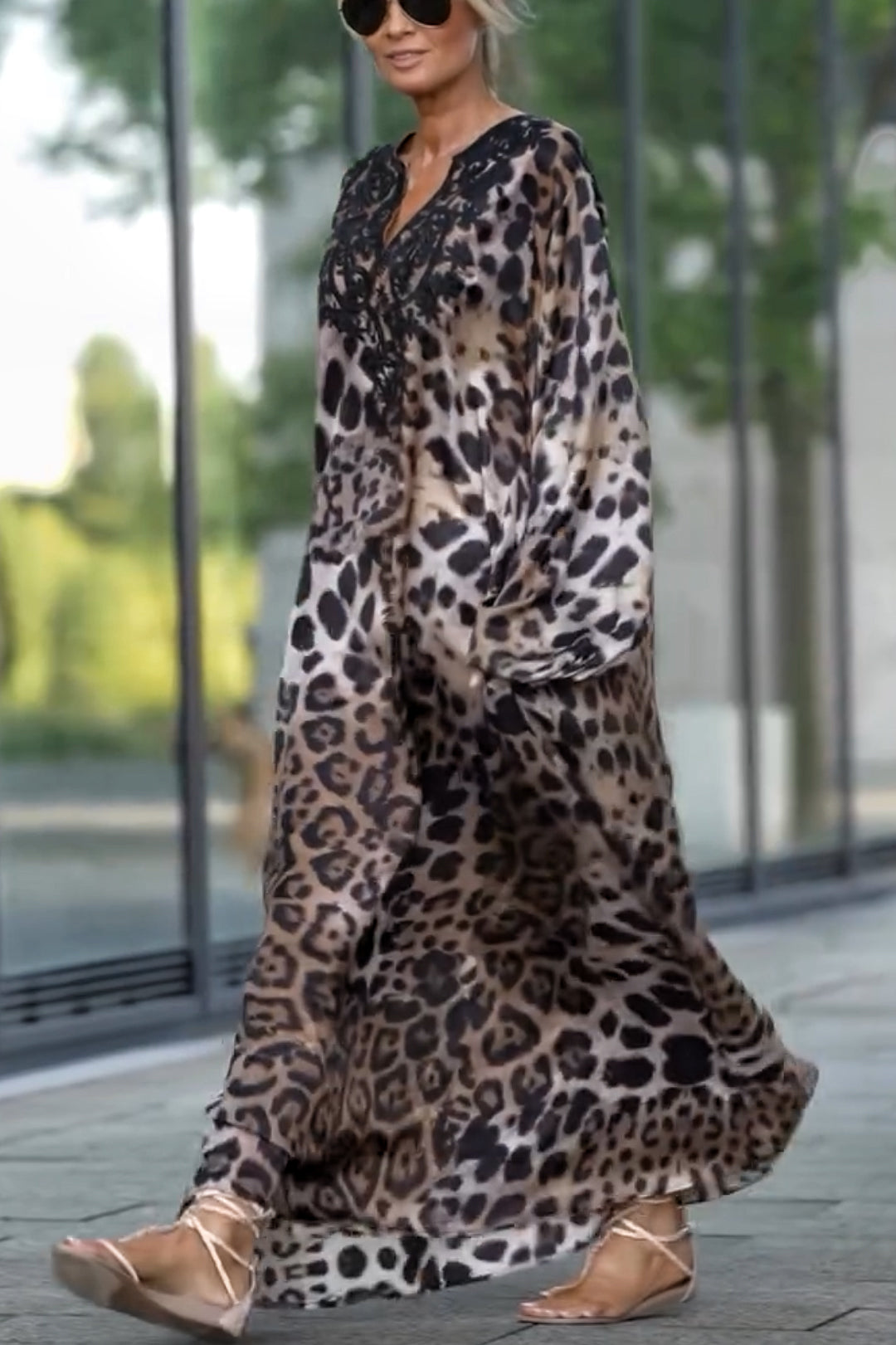Print Lace Trim V-Neck Lantern Sleeve Kaftan Maxi Dress