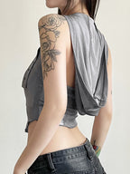 Metallic Eyelet Buckle Hooded Halter Vest