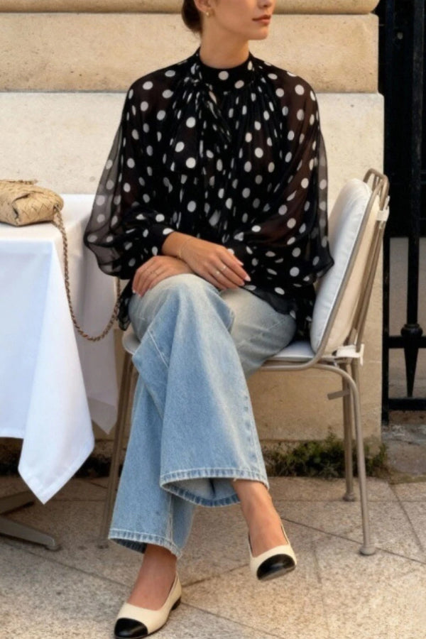 Polka Dot Print Tie-waist Lantern Sleeve Elegant Loose Shirt