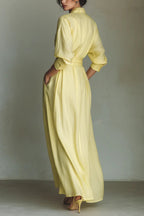 Solid Color Lapel Long Sleeve Casual Pocket Waist-cinching Maxi Dress