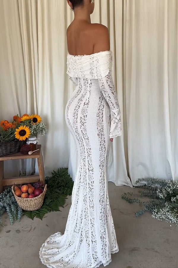 | Off Shoulder Floral Lace Flared Sleeve Fishtail Maxi Dress - White