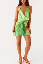 Abstract Print Satin Asymmetrical One Shoulder Draped Cowl Neck Mini Dress
