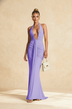Halter Neck Deep V-Neck Ruched Mermaid Maxi Gown