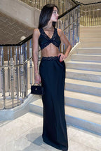 Lace Trim V Neck Cami Top Floor Length Skirt Set