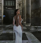 Rib Knit Tie Strap Cowl Back Side Cutout Column Maxi Dress