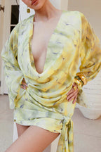 Tie-dye Print V-neck Long-sleeved Ribbon Vacation Mini Dress