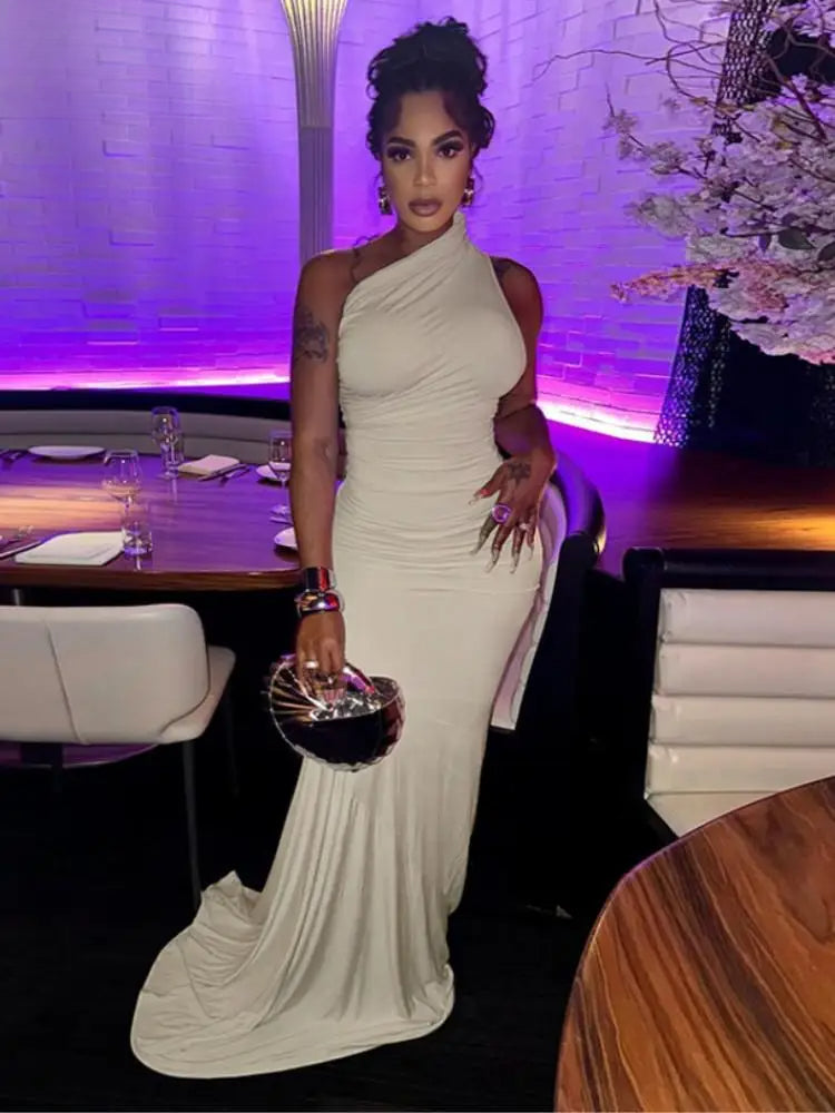 One Shoulder Ruched Gathered Bodycon Maxi Gown