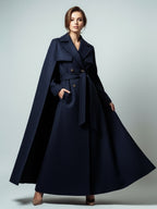 Maxi Double-breasted Woolen Coat With Detachable Cape And Belt For Women 2026