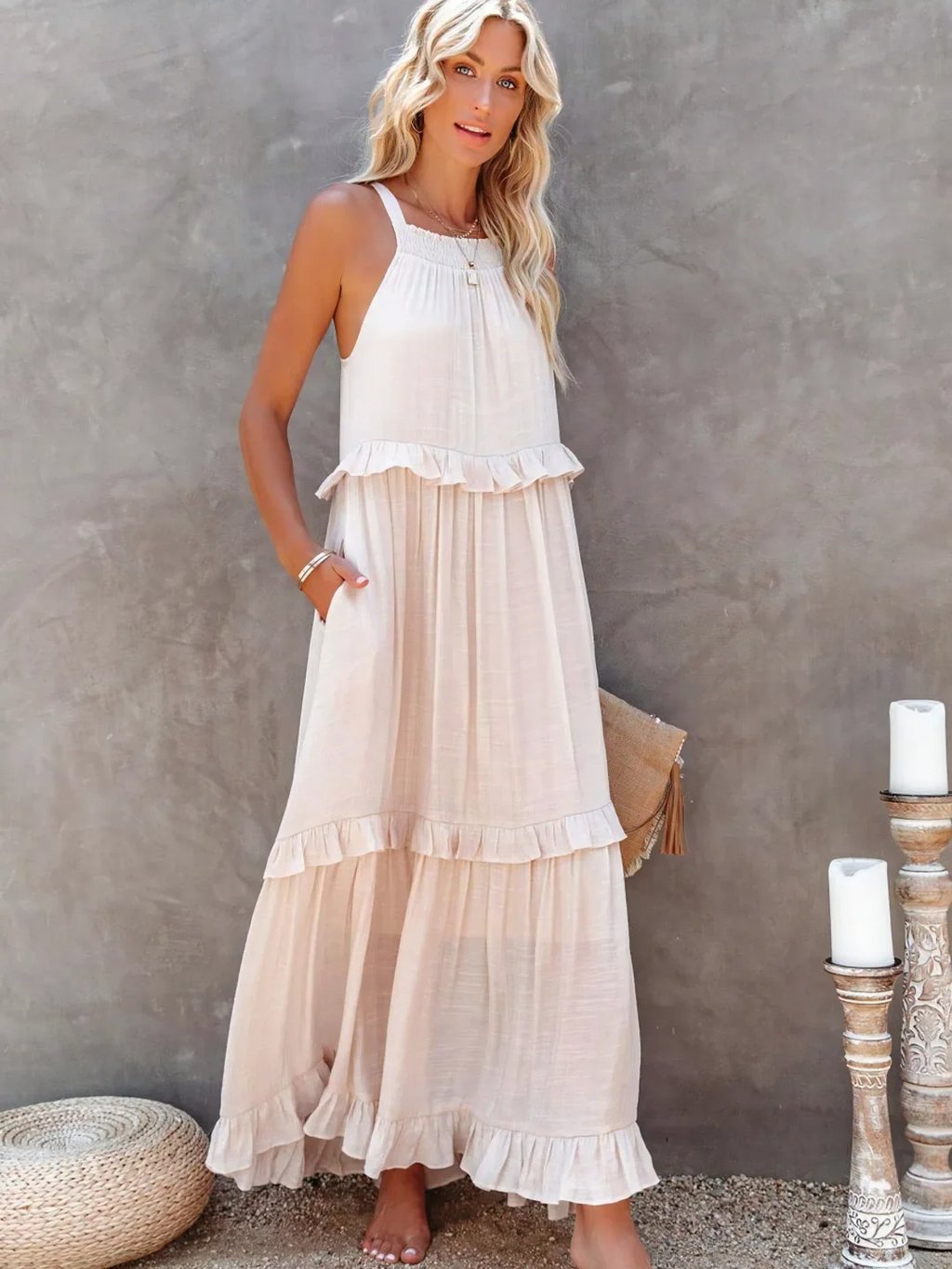 High Neck Smocked Halter Sleeveless Tiered Ruffle Maxi Dress