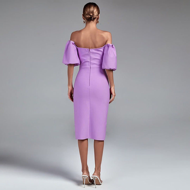 Ruched Midi Dress with Off-Shoulder Statement Sleeves