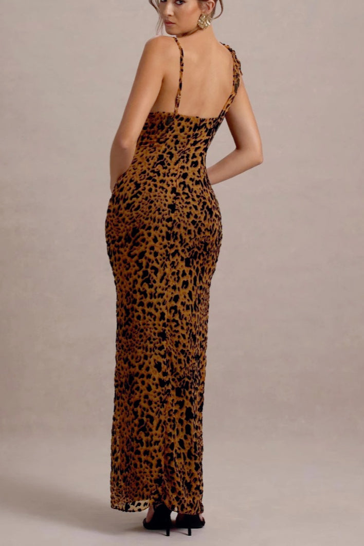 Print One Shoulder Bow Strap Bodycon Maxi Dress