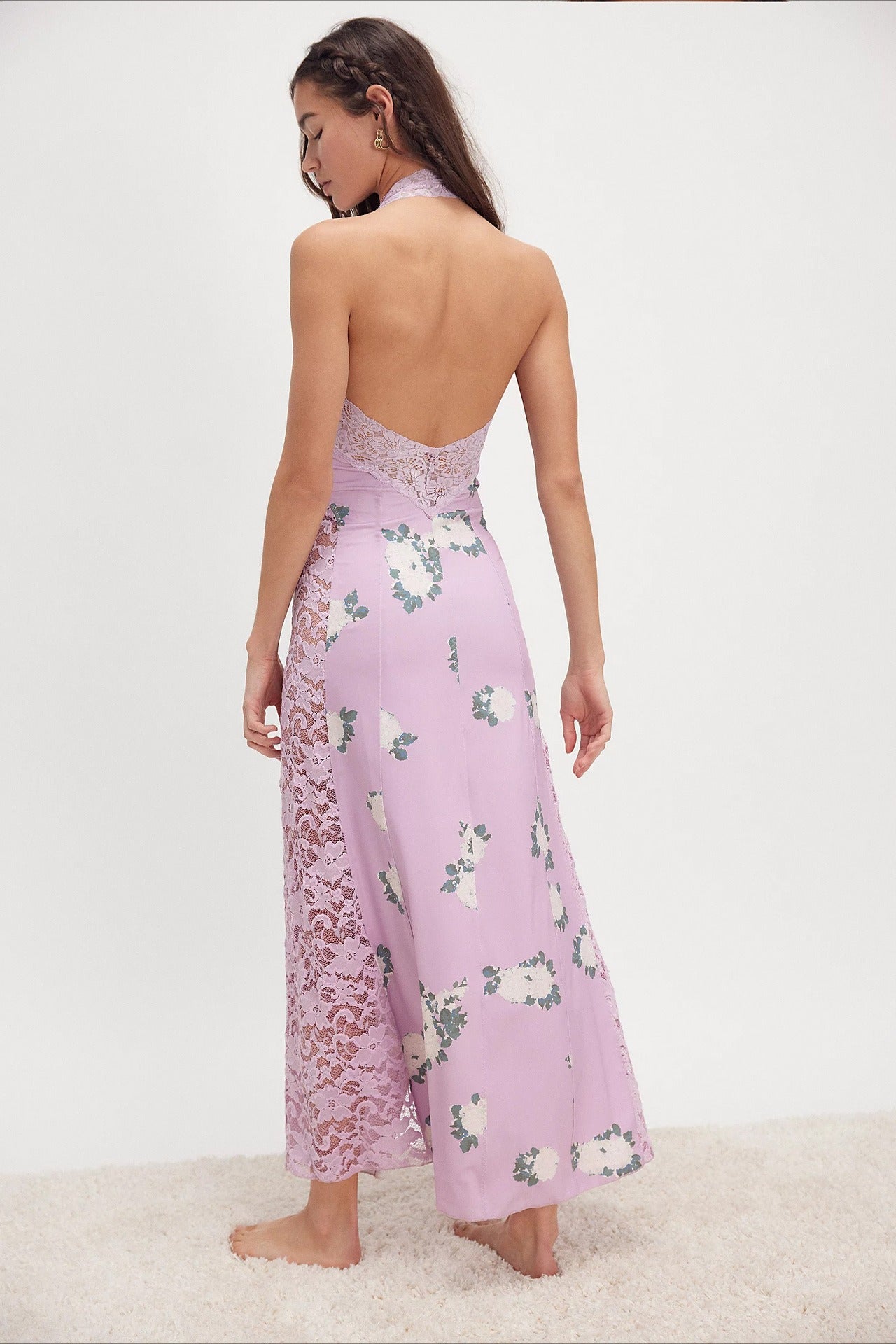 Floral Print Lace Panel Halter Neck High Split Maxi Dress