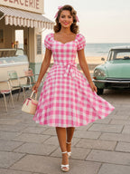 Retro Glamour Dress Sweetheart Neck Puff Sleeves Polka Dots Casual Long Dresses