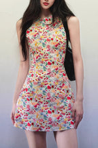 Ditsy Floral Print Crew Neck Ruched Tank Mini Dress