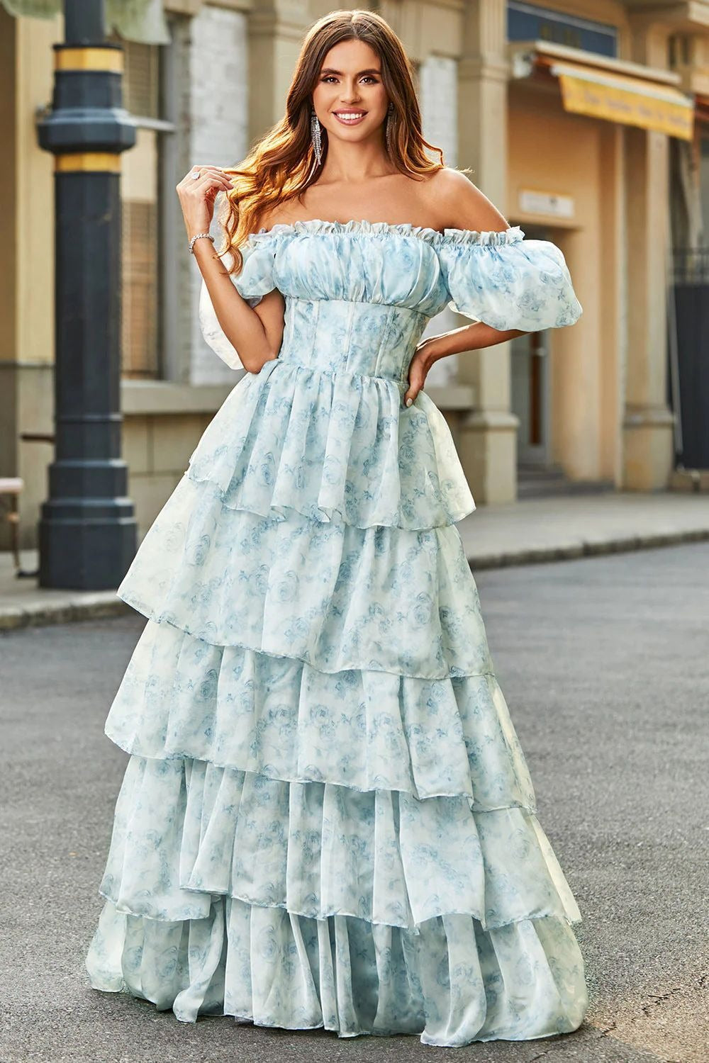 Blue Off Shoulder Ruffle Corset Bodice Tiered Ruffle Floral Print Maxi Dress