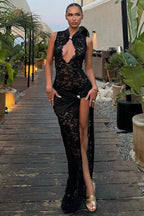 Mock Neck Keyhole Cutout Floral Lace Draped Waist Ring Hardware Thigh Slit Maxi Dress
