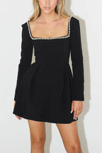 Pearl Embellished Square Neck Long Sleeve Fit and Flare Mini Dress