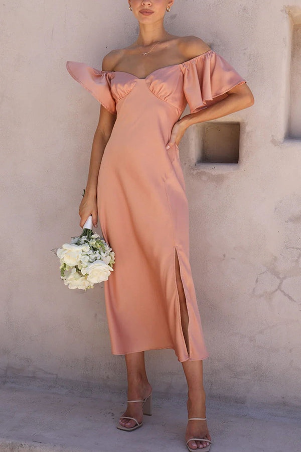 Satin Off Shoulder Flutter Sleeve Sweetheart Ruched Side Slit Midi Dress