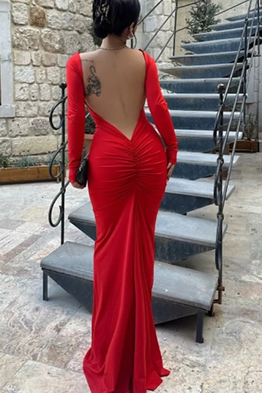 Long Sleeve Backless Bodycon With Side Slit Dress