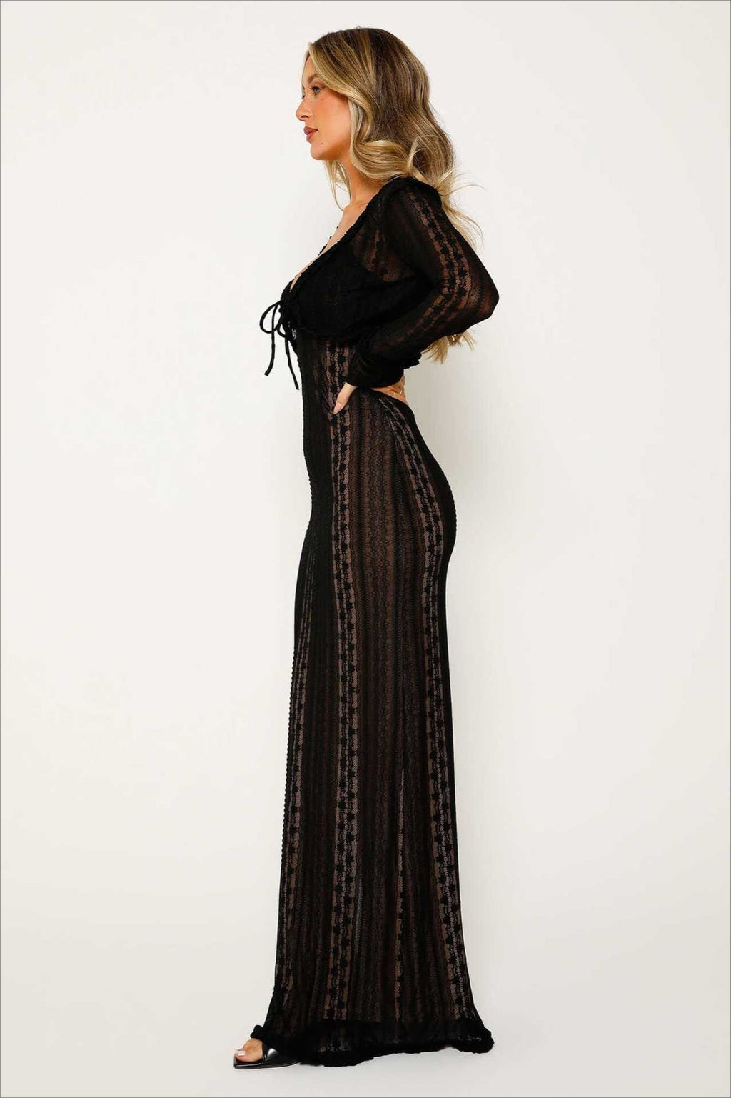 Lace Long Sleeve Tie Front Deep V-Neck Ruffle Trim Bodycon Maxi Dress