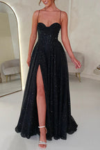 Glitter Cowl Neck Corset Bodice Spaghetti Strap Pleated High Split Pocketed Maxi Gown