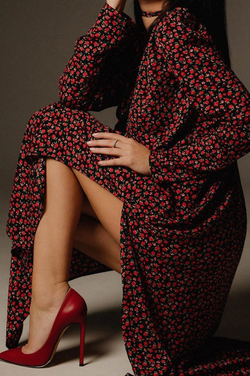 Deep V Neck Long Sleeve 3D Flower Applique High Slit Maxi Dress