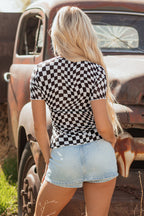 Black Checker Mesh Crew Neck T Shirt