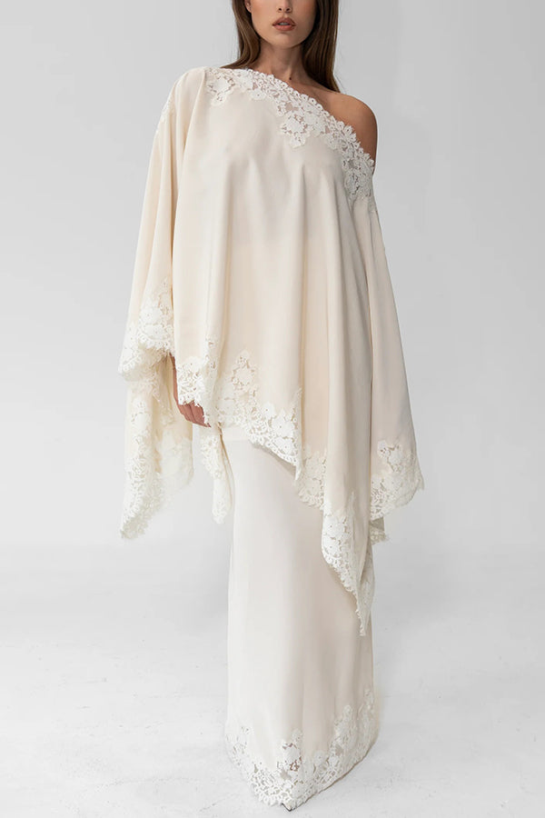 Like A Swan Satin Lace Trim High Rise Elastic Waist Drape Maxi Skirt