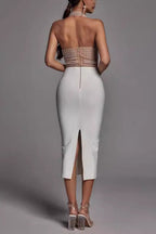 Pearl Beaded Halter Colorblock Bandage Cocktail Dress
