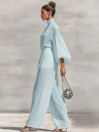 Chiffon Stand-up Collar Puff Sleeve High-waisted Draped Wide-leg Pants Two-piece Set