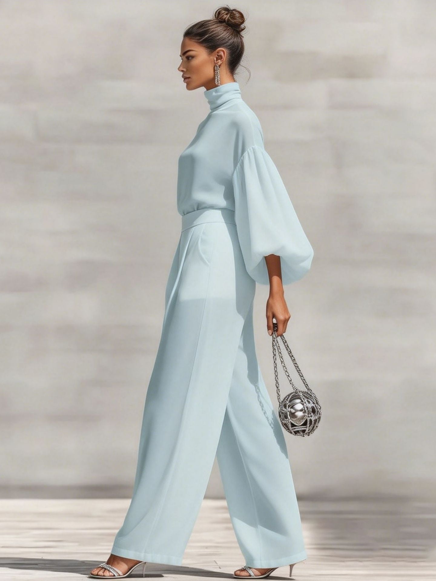 Chiffon Stand-up Collar Puff Sleeve High-waisted Draped Wide-leg Pants Two-piece Set