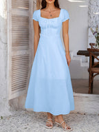 Tie-waist Ruched Puff Sleeve Long Dress