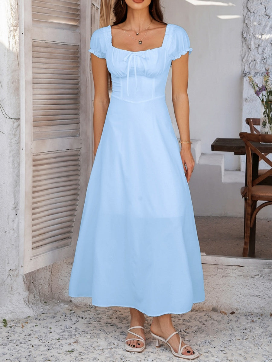 Tie-waist Ruched Puff Sleeve Long Dress