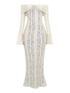Lace Hollow Off Shoulder Flared Sleeves Hip-hugging Maxi Dresses