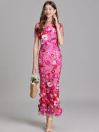 Embroidered 3D Floral Fitted Waist Short-sleeved Long Dress