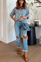 Half Sleeves Distressed Button Down Denim Shirt